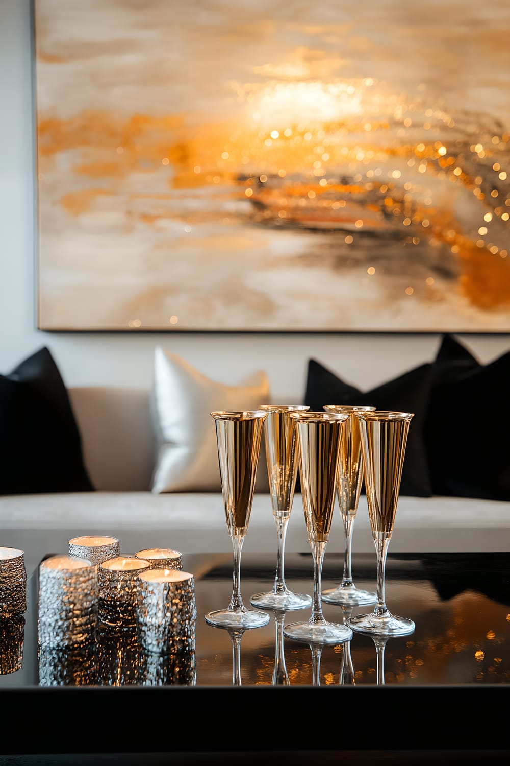 A modern, spacious Chicago apartment living room adorned with New Year's Eve decorations. On a sleek black coffee table lie gold-rimmed champagne flutes, silver candle holders, and scattered gold confetti. Against the contrasting grey and white room decor, a large abstract art piece with gold accents hangs on the wall. The scene is enveloped in soft, ambient lighting that complements the modern decor.