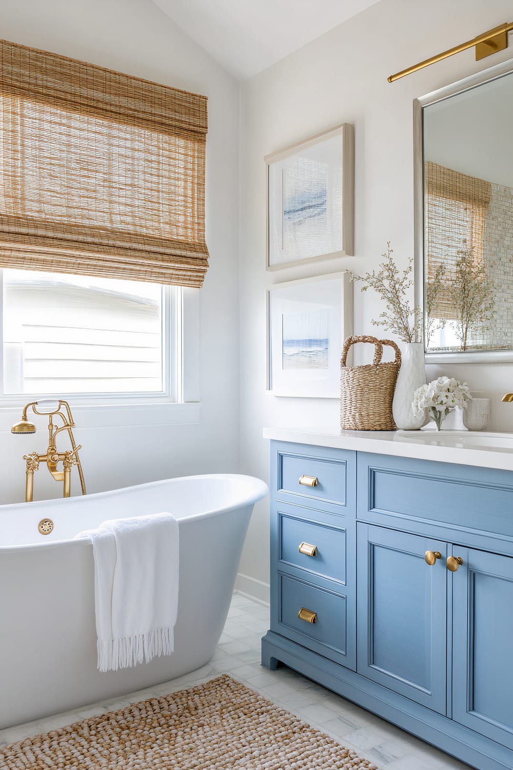 A beautifully designed bathroom features a freestanding white bathtub with a brass fixture and a white fringed towel hanging over the side. Adjacent to the bathtub is a blue vanity with four drawers and two cupboards, all adorned with gold handles. Above the vanity hangs a large mirror with a gold frame. A white pitcher filled with small branches and flowers, along with a woven basket, decorates the vanity’s countertop. On the wall next to the vanity, two framed pictures are arranged vertically. A large window with natural woven blinds allows ample light to stream in, adding warmth to the space. A woven rug is placed on the white tiled floor, completing the serene and elegant ambiance.