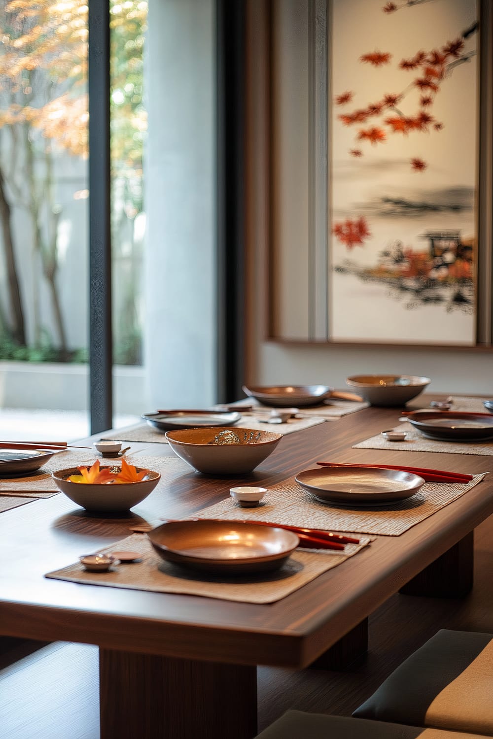 A minimalist dining area set with traditional Japanese dishes on a wooden table. The table is adorned with woven placemats, ceramic bowls, plates, and red chopsticks. The background features a large glass window offering a view of a garden, and a wall decorated with Japanese art depicting a landscape with autumn leaves.