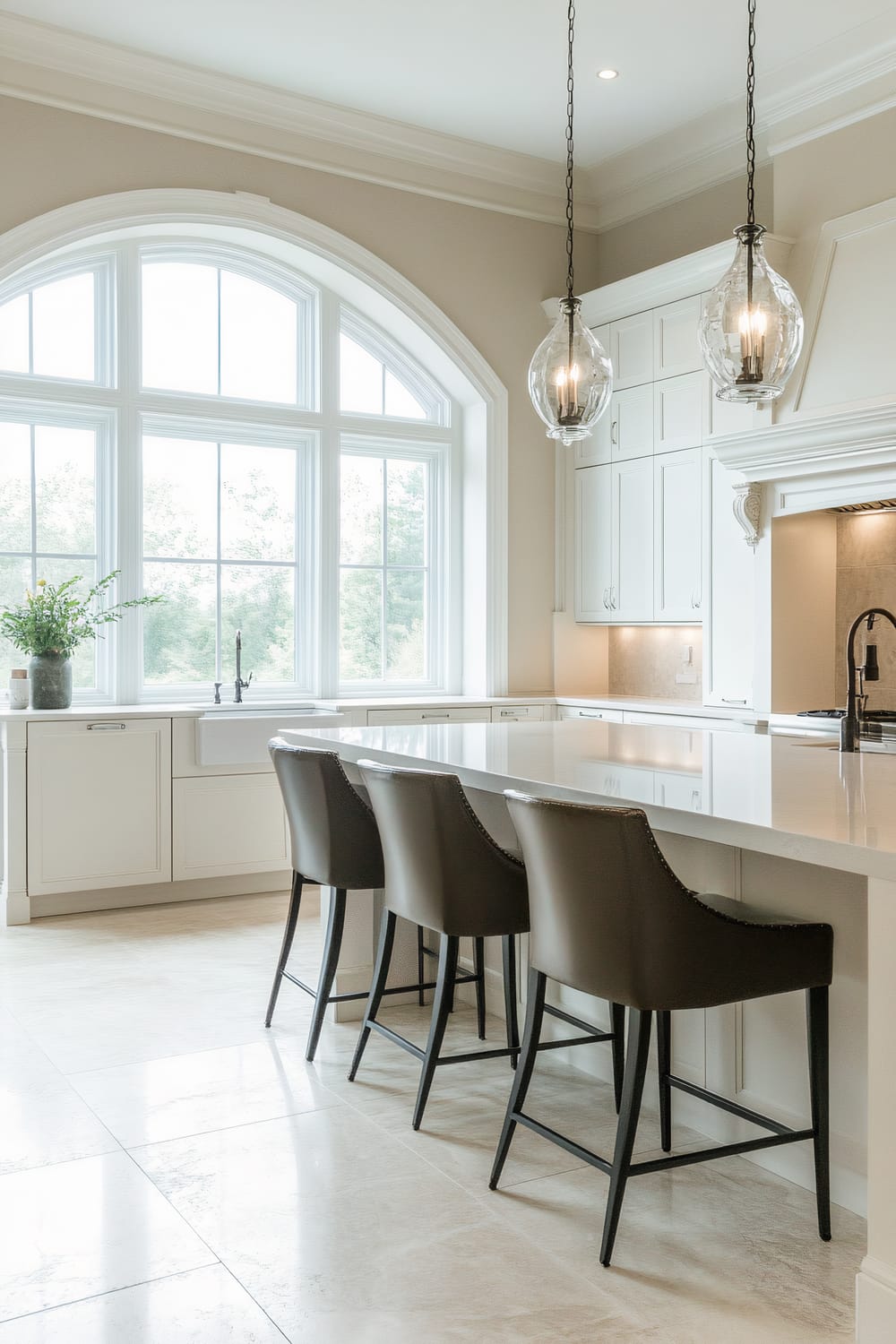 A bright, elegant kitchen with white cabinetry and a large island. The island has a polished marble countertop and is accompanied by four brown leather barstools with high backs. Above the island hang two large, clear glass pendant lights. The kitchen features a farmhouse-style white sink positioned in front of large arched windows that let in ample natural light, providing a view of the green outdoors. The floor is tiled with light beige polished tiles, adding to the sophisticated ambiance.