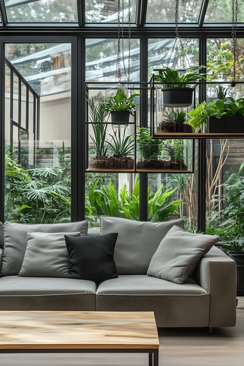 A modern minimalist living room showcasing a striking metal framework that resembles a greenhouse structure. The room features a sleek, low-profile grey sofa and a metal coffee table with a raw edge. The space is abundantly infused with natural light filtered through large windows. Pendant lights hang from a high ceiling, illuminating the room along with the natural daylight. Vibrant green plants are housed in hanging terrariums, creating a lively contrast against the industrial metal accents.