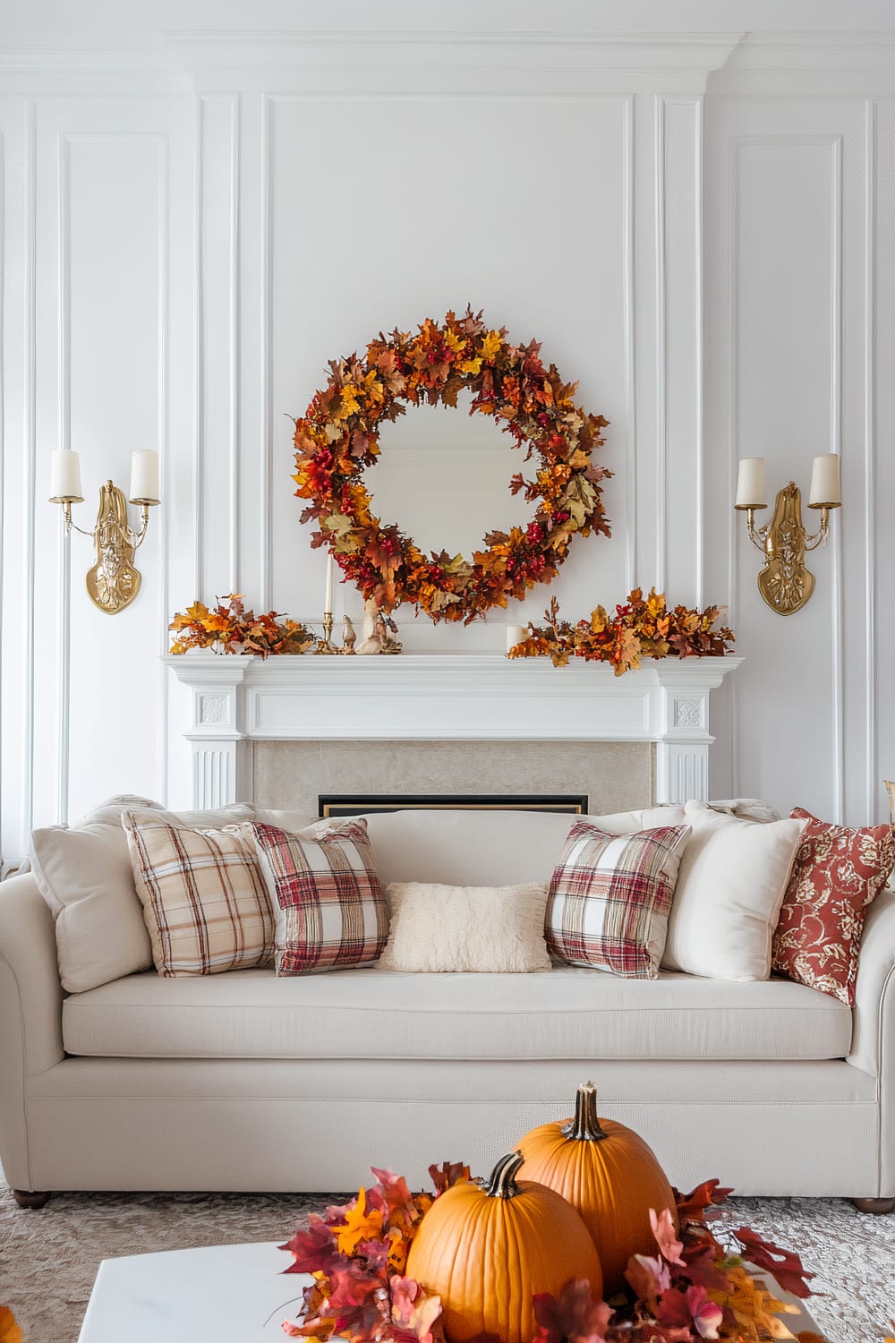 A well-lit living room is decorated for fall. A white sofa with plaid and textured pillows stands in front of a white fireplace. Above the mantel, a vibrant autumn wreath with dried leaves is centered, flanked by gold sconce lights with white candles on either side. The mantel is also adorned with more autumn foliage and small decorative pieces. On the coffee table in the foreground are three pumpkins surrounded by more autumn leaves.