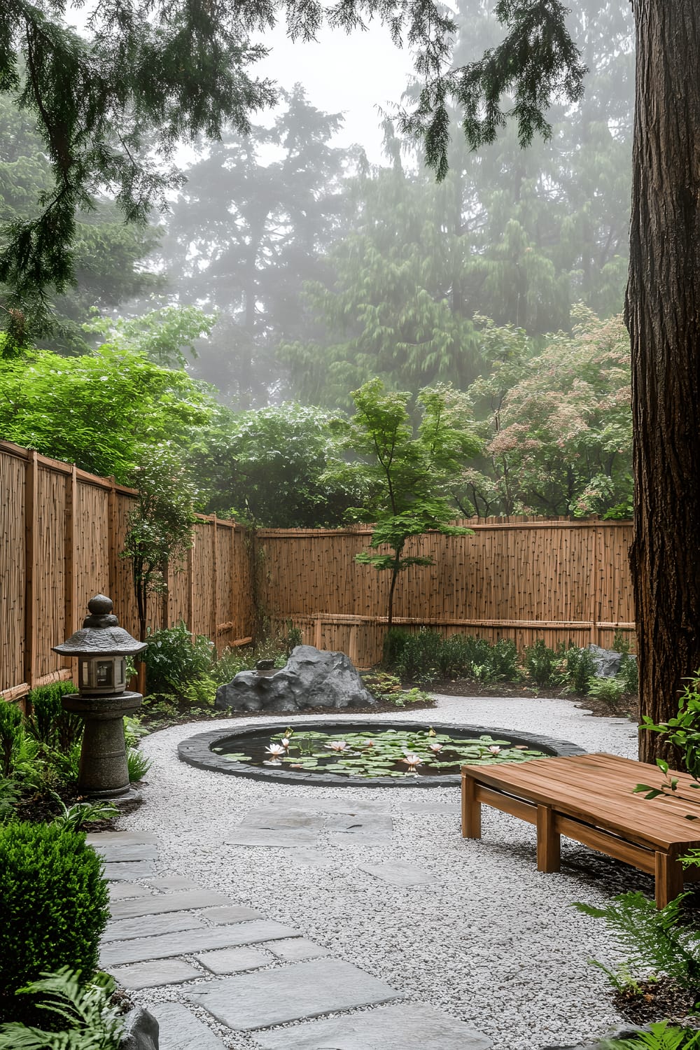 A minimalist Zen-inspired backyard garden with smooth, raked gravel pathways bordered by a tall bamboo fence. Stone lanterns are strategically placed on the path, providing soft lighting. A small koi pond filled with floating lotus flowers is featured, along with a simple wooden bench under a small, manicured bonsai tree. The space is bathed in the soft, diffused light of early morning mist, adding to the serene ambiance.