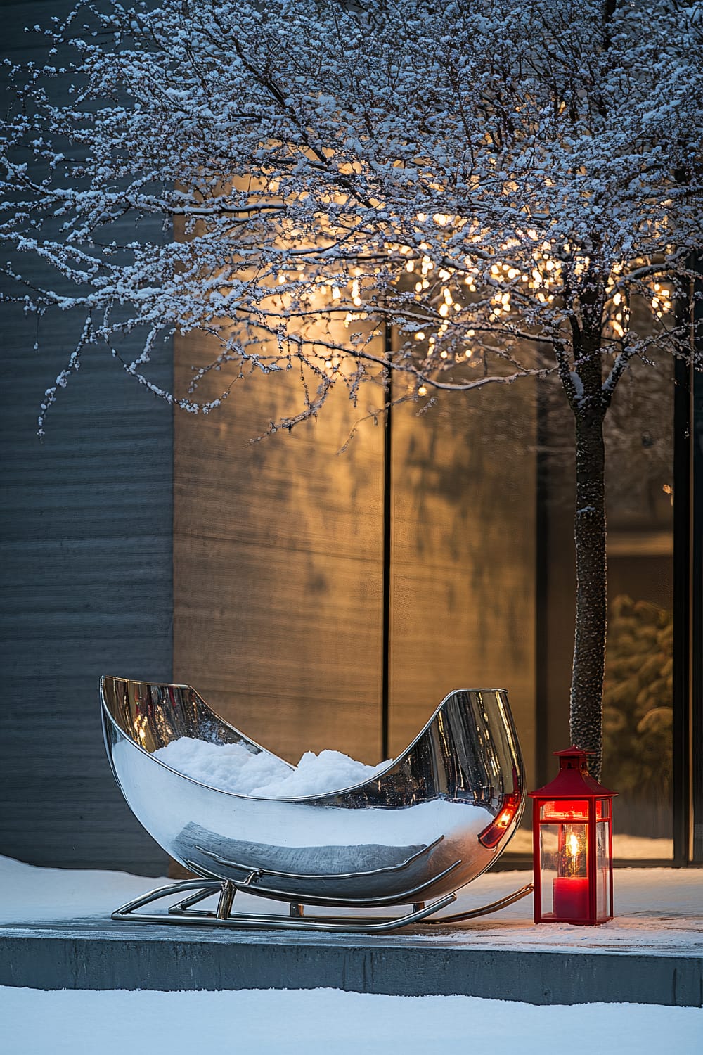 A metallic sleigh filled with faux snow and a red lantern on a modern concrete porch during winter. A snow-covered tree and warm yellow lighting from the building's interior contribute to a serene evening scene.