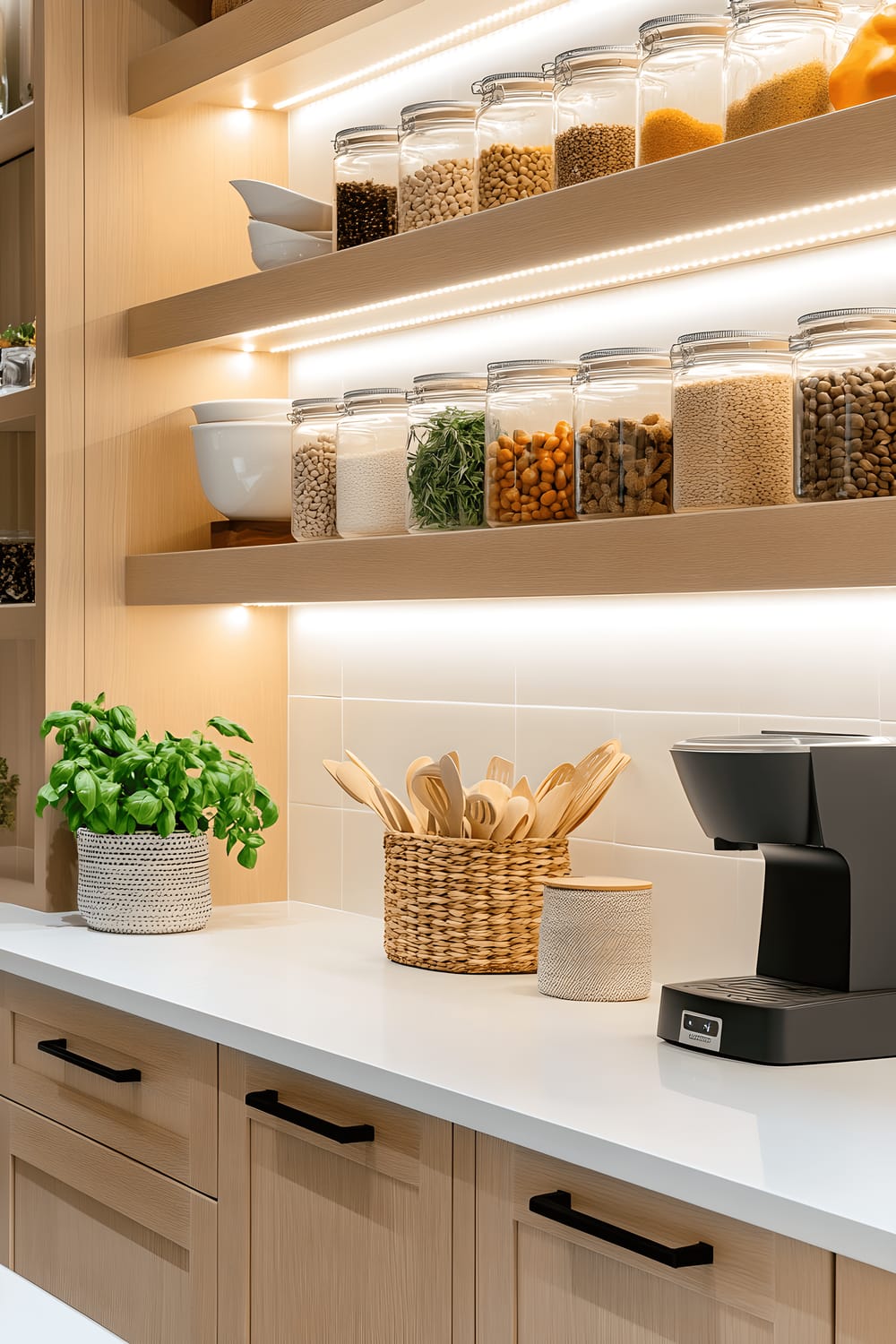 A spacious kitchen pantry with light oak cabinetry and matte white shelves, each filled with neatly organized and labeled glass jars of grains, legumes, and spices. The shelving is illuminated by integrated LED strip lighting. A white countertop is adorned with a matte black kitchen scale and a ceramic bowl full of fresh apples. A gray woven basket of folded kitchen towels and a potted basil plant add decorative touches. The space is bathed in soft natural light from a nearby window.