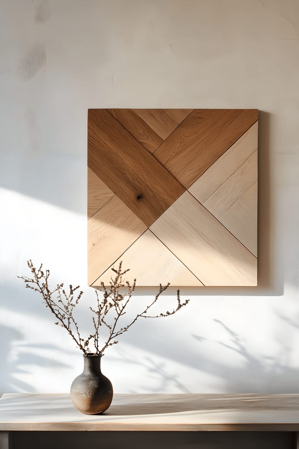 A display of a DIY geometric wooden wall art piece with contrasting natural wood tones, hanging on a white plaster wall. Illuminated by a modern, Scandinavian-inspired light fixture.