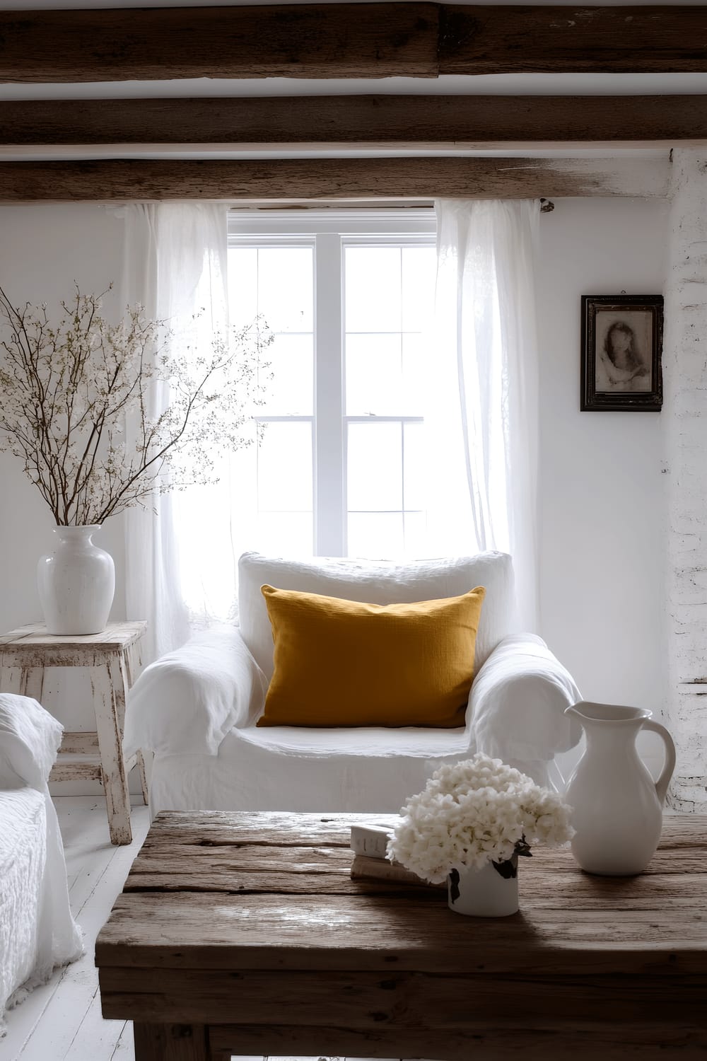 A farmhouse-style living room illuminated by natural light from a large window with white lace curtains. The room features an all-white scheme detailed with rustic wooden beams, white linen slipcovers, and whitewashed furniture. A reclaimed wood coffee table is accompanied by a mustard yellow upholstered accent chair with vintage-inspired legs. Several mustard yellow throw pillows add subtle color and white ceramic vases filled with white flowers blend into the room's color scheme.