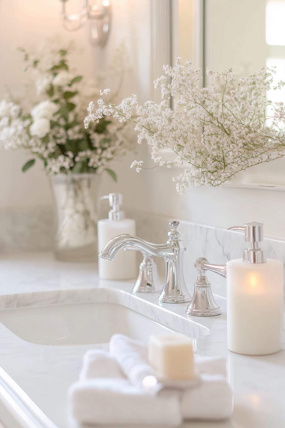 A luxurious white bathroom with white marble countertops and chrome fixtures. The sink area features elegant white soap dispensers and a white candle. White towels with a bar of soap are neatly arranged beside the sink. In the background, a glass vase holds a bouquet of white and green flowers.