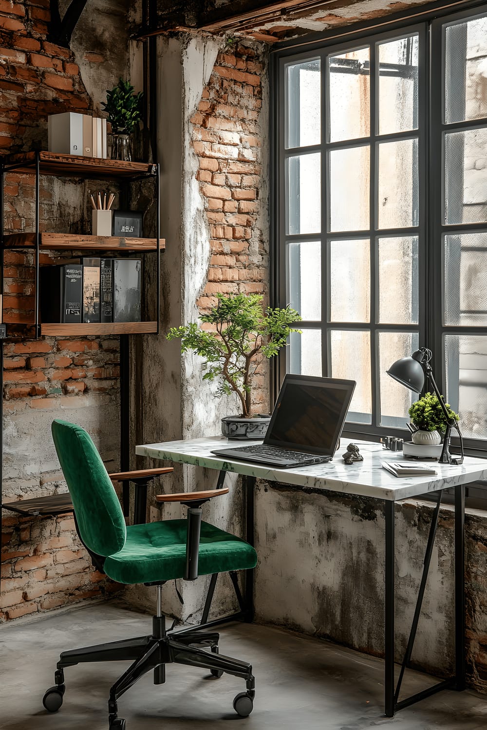 A stylish workspace set in a bright Tokyo apartment, featuring a sleek black metal desk with a white marble top against an exposed brick wall. The desk is accompanied by an ergonomic, emerald green office chair. Large, industrial-style windows flood the room with natural light. Floating wooden shelves display minimalist desk accessories and a single bonsai tree.