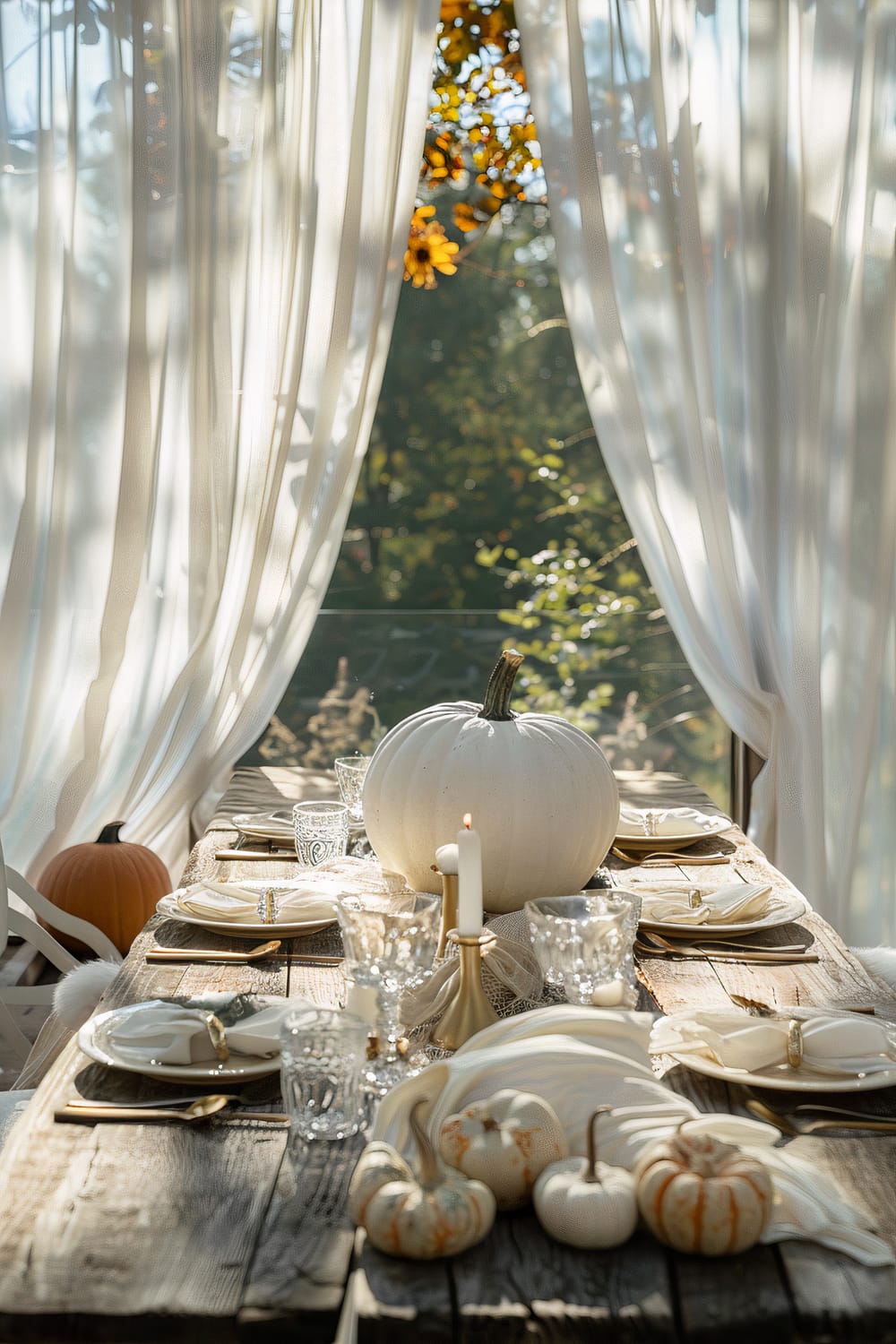 This image shows a rustic, elegant dining table setup outdoors, adorned with white and orange pumpkins, neutral-toned plates, crystal glassware, and golden cutlery. The table is surrounded by light, sheer white curtains allowing sunlight to filter through, highlighting the autumn leaves outside.