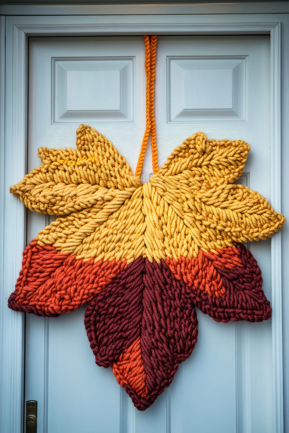 A close-up of a front door adorned with a large, knitted leaf decoration. The leaf is crafted from thick yarn with three distinct color sections: yellow at the top, transitioning to orange in the middle, and deep red at the bottom. The leaf hangs centered on the door by a thick, twisted rope in a similar yellow hue.