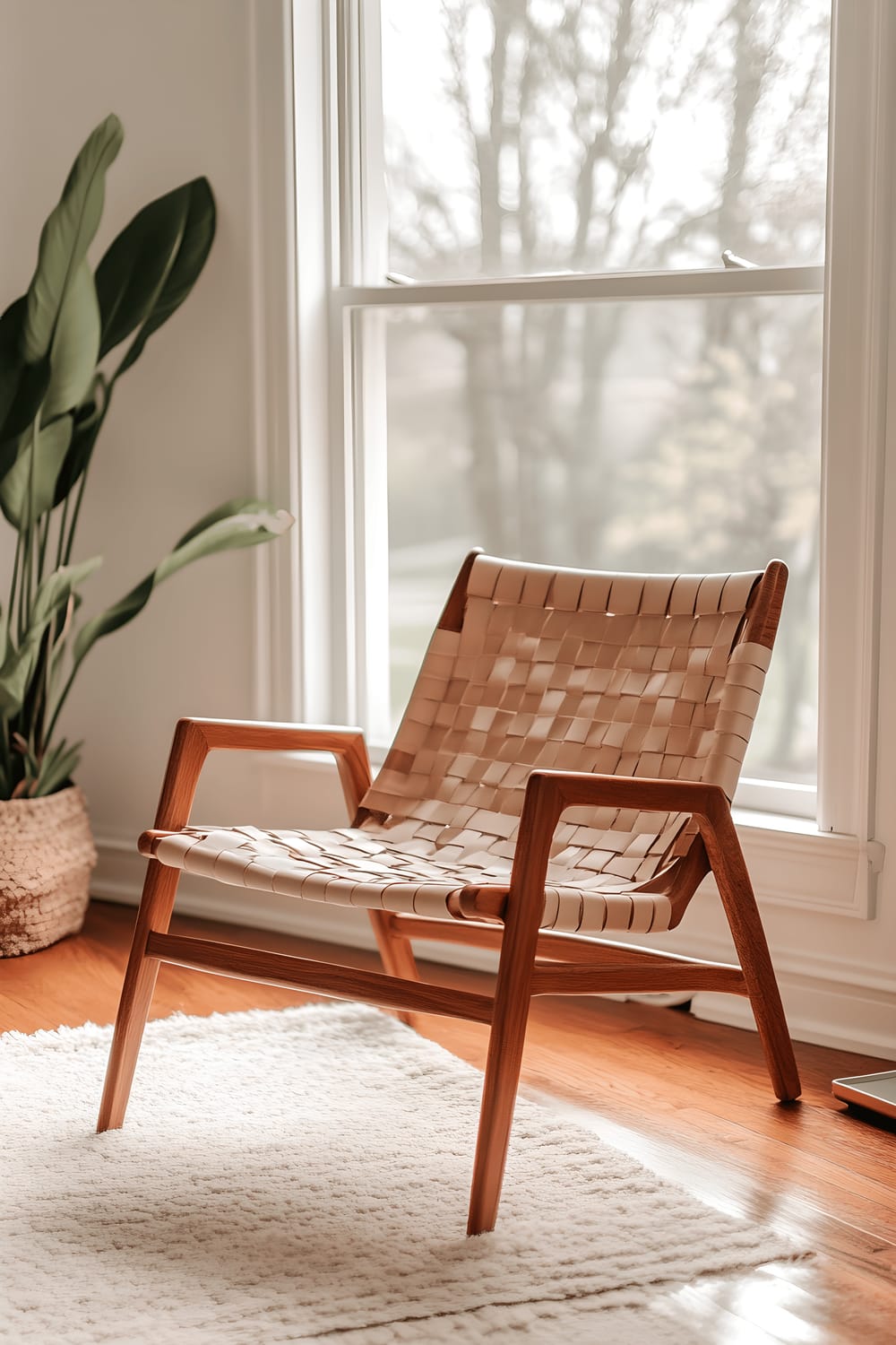 A modern DIY woven leather chair with a sculptural walnut frame placed near a window that allows natural diffused light to enter the room.