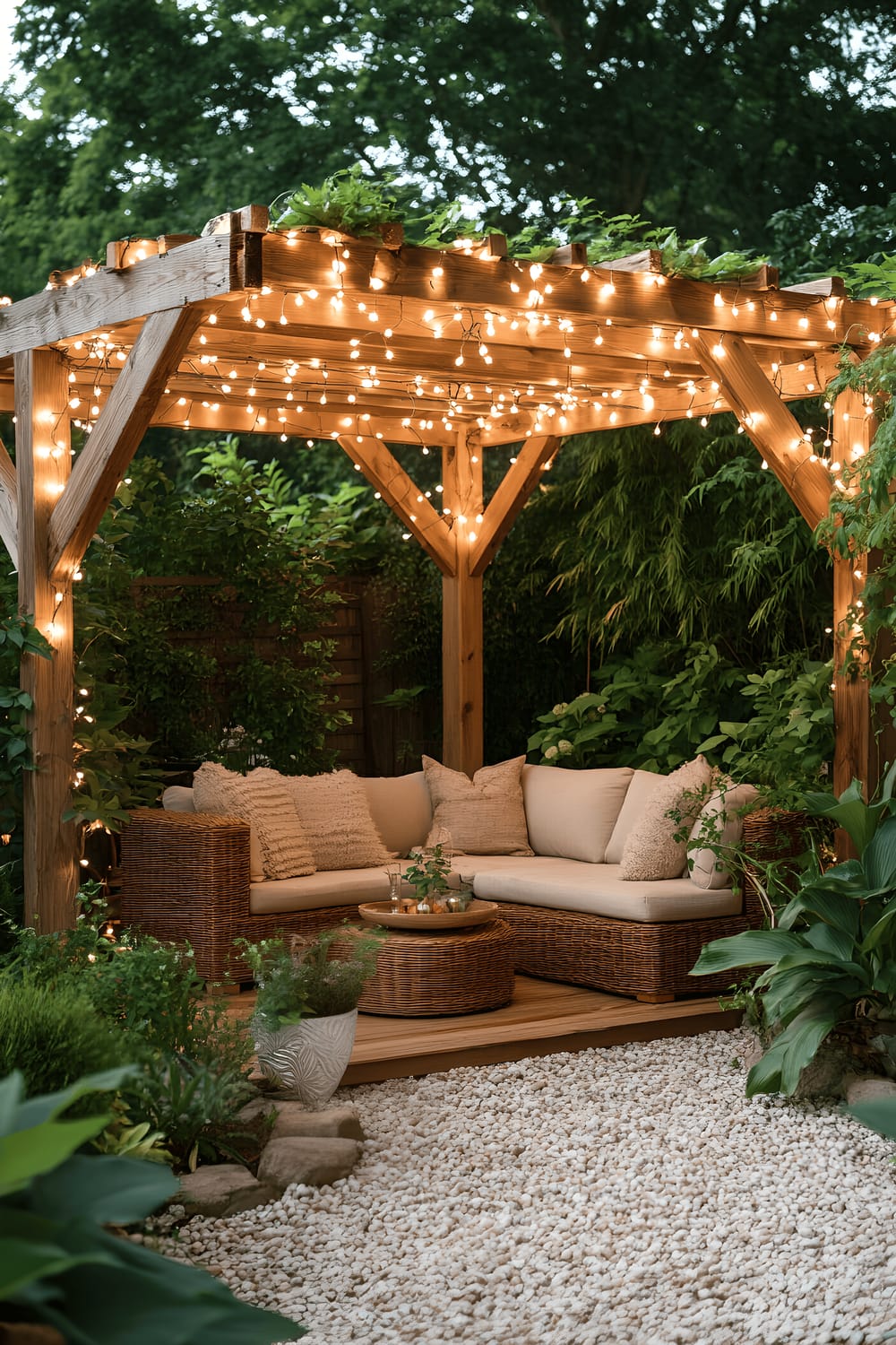 A charming backyard scenery featuring a pergola constructed from reclaimed wooden beams draped in warm white fairy lights. Underneath the pergola is a comfortable wicker loveseat adorned with plush, earth-toned cushions. The area is surrounded by lush, green garden plants, and the image is captured during the captivating golden hour lighting from a slightly elevated viewpoint.