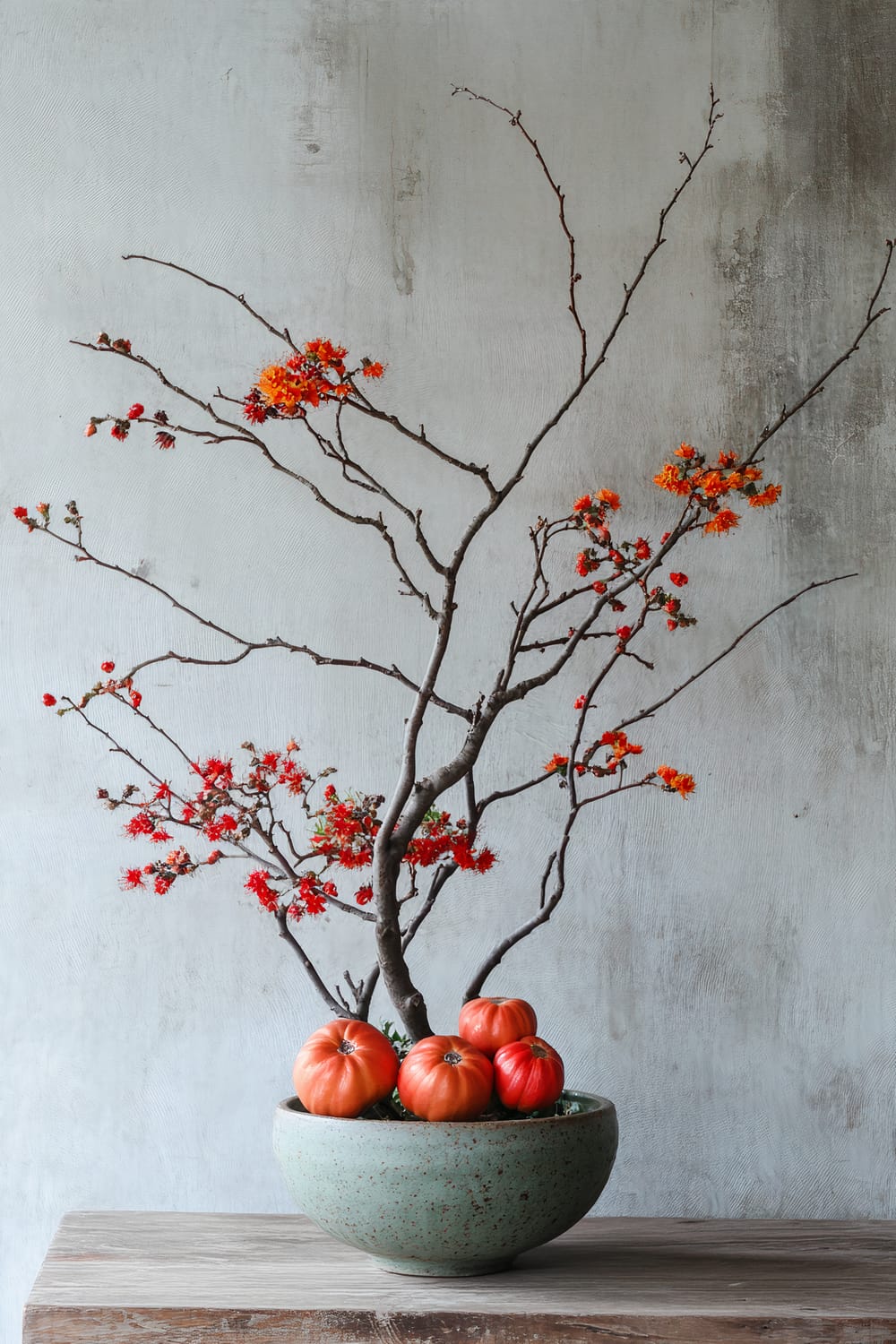 An artful arrangement of bare branches adorned with small red and orange flowers stands in a textured, green ceramic bowl. Nestled at the base of the branches, small pumpkins add to the rustic display. The setup is placed on a simple wooden surface against a textured, light grey wall.