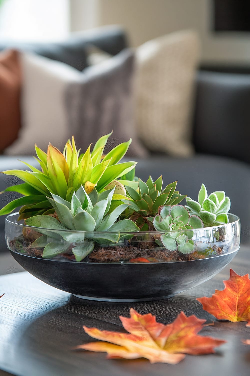 A rustic coffee table featuring a glass terrarium with green succulents, surrounded by autumn leaves. Behind the table, there are decorative pillows in neutral tones on a couch.