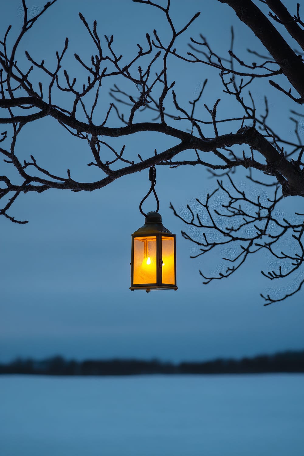 A lantern with a warm yellow light hangs from a bare tree branch against a backdrop of a snowy field and a clear evening sky.