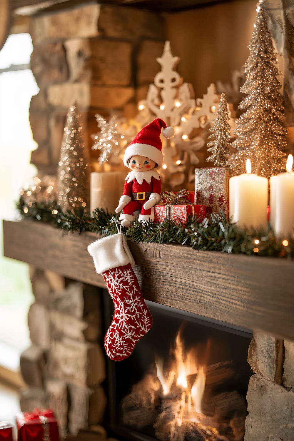 An Elf on the Shelf is perched on a rustic fireplace mantel, holding a tiny stocking filled with miniature gifts. The mantel is decorated with faux snowflakes, glowing candles, and silver trees. A small fake fire flickers below the mantel, creating a warm ambiance. The scene is warmly lit with rich reds, greens, and white highlights.