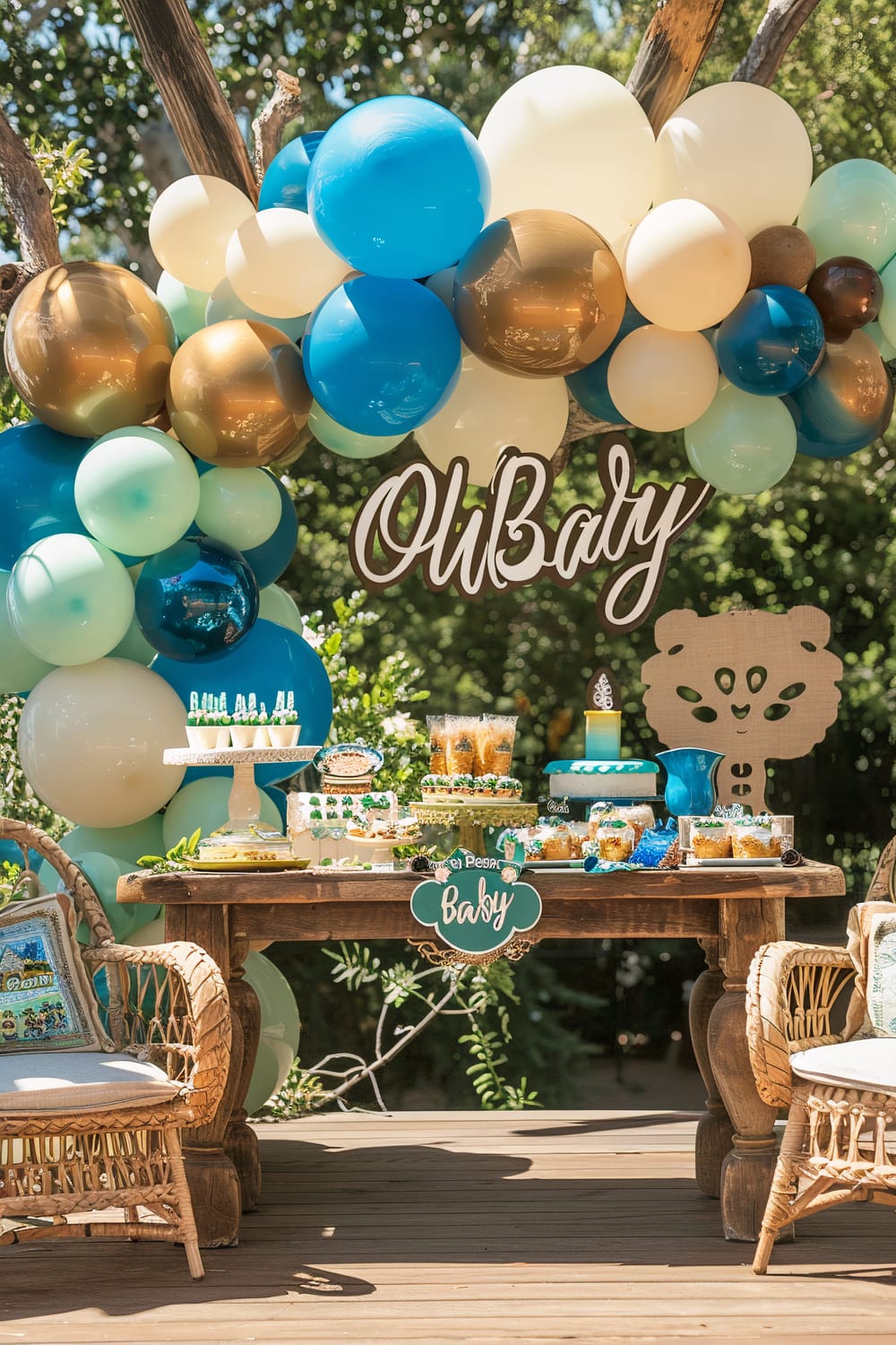 A vibrant outdoor baby shower setup with a rustic wooden table adorned with an assortment of desserts and decorations. Above the table hangs a colorful balloon garland in shades of blue, white, and gold, with the words "Oh Baby" in cursive. The table features cakes, cupcakes, and other sweets, all presented with an animal theme, including a cardboard animal face cutout. Wooden chairs with cushions are on either side of the table, enhancing the rustic, natural feel of the setting.