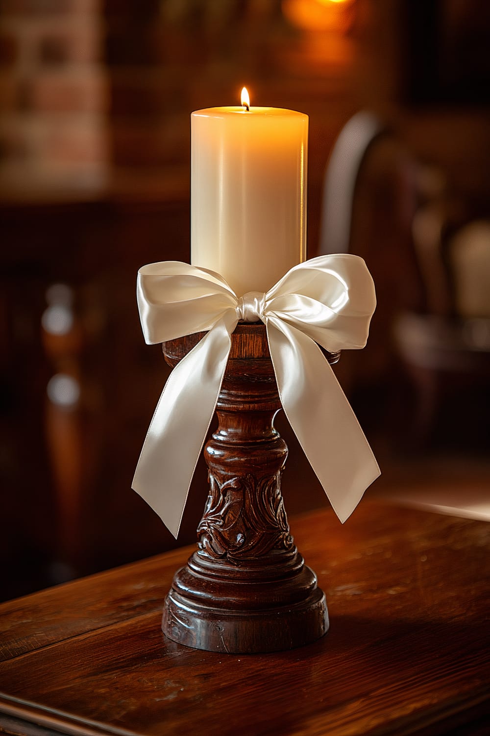 A large ivory candle sits atop an intricately carved wooden candle holder, adorned with a pristine white satin ribbon bow. The candle holder rests on a vintage wooden table, illuminated by warm, soft lighting, with traditional decor elements subtly visible in the background.