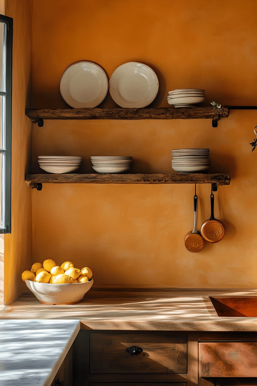 A bright, modern Mediterranean-style kitchen with burnt-orange walls and handmade ceramic plates displayed on floating wooden shelves. A deep farmhouse sink is filled with fresh lemons and lit by warm, golden-hour sunlight. Copper cookware hangs from a rustic rail, complementing the decor.