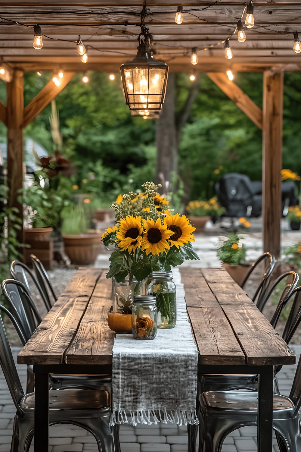 A rustic wooden outdoor dining table situated under a softly lit pergola. The table is adorned with a linen table runner, beautifully complemented by a mason jar holding fresh cut sunflowers and surrounded by farmhouse-style metal chairs.