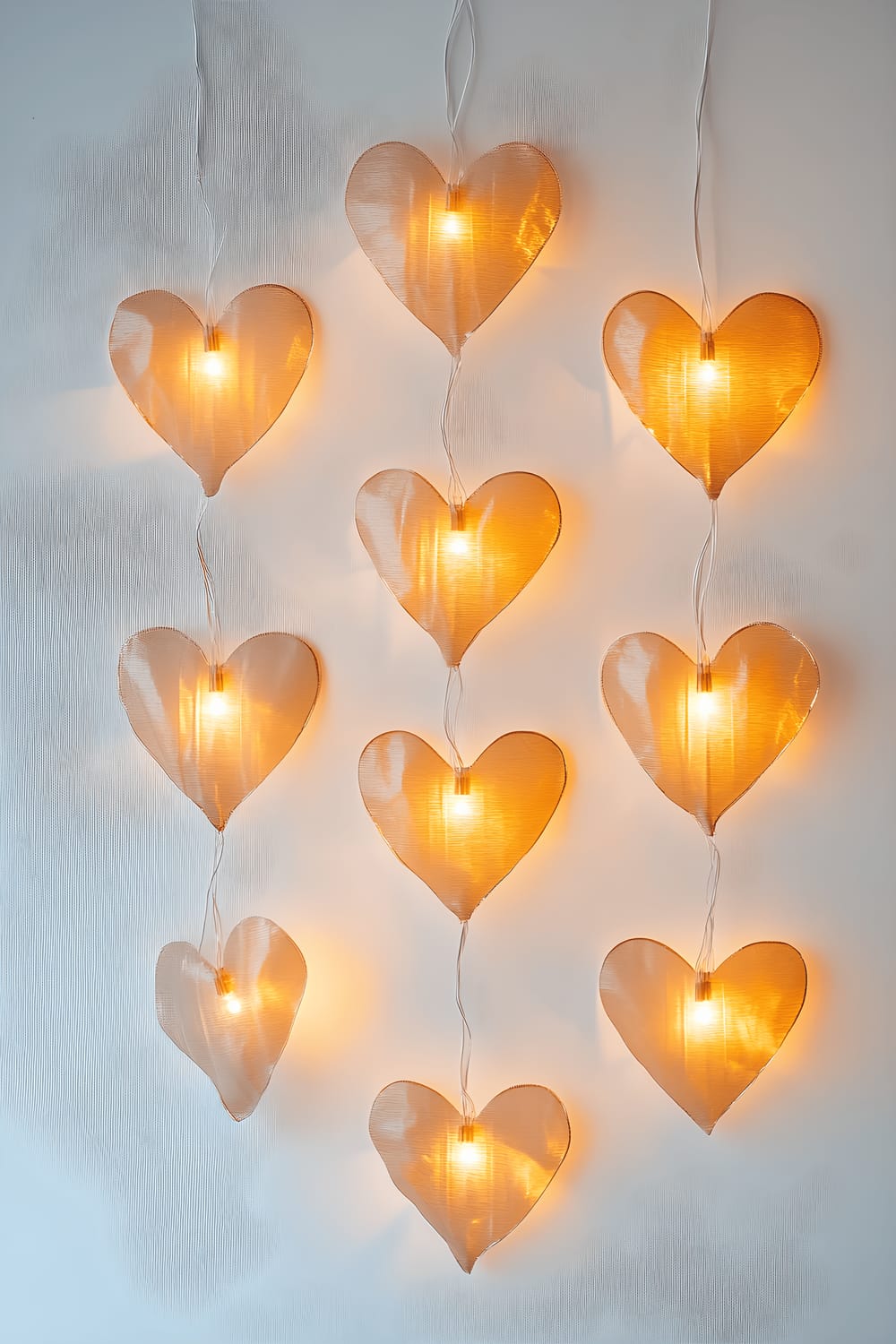 Heart-shaped string lights arranged in a curvaceous design on a plain white wall, illuminating the surrounding area with their warm, amber glow.