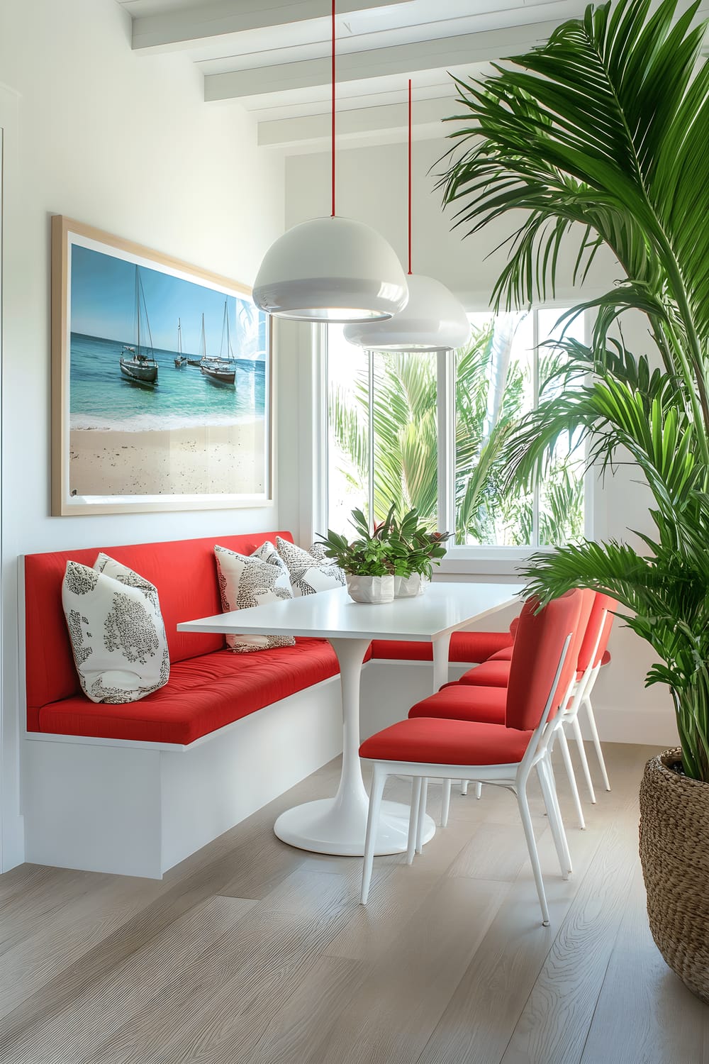 A bright breakfast nook featuring a vibrant red upholstered bench, a sleek white dining table, several large green ferns in pots, and two large windows allowing sunlight to flood the space.