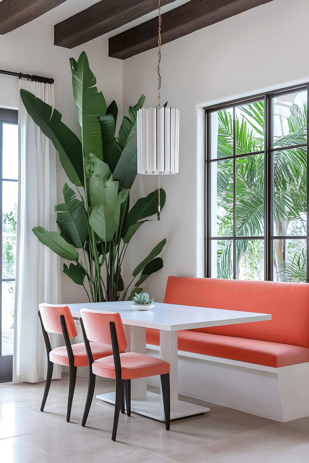 An inviting breakfast nook bathed in natural light, with a white dining table, adorned by a large potted plant, set against a vibrant coral upholstered bench, and surrounded by plenty of greenery.