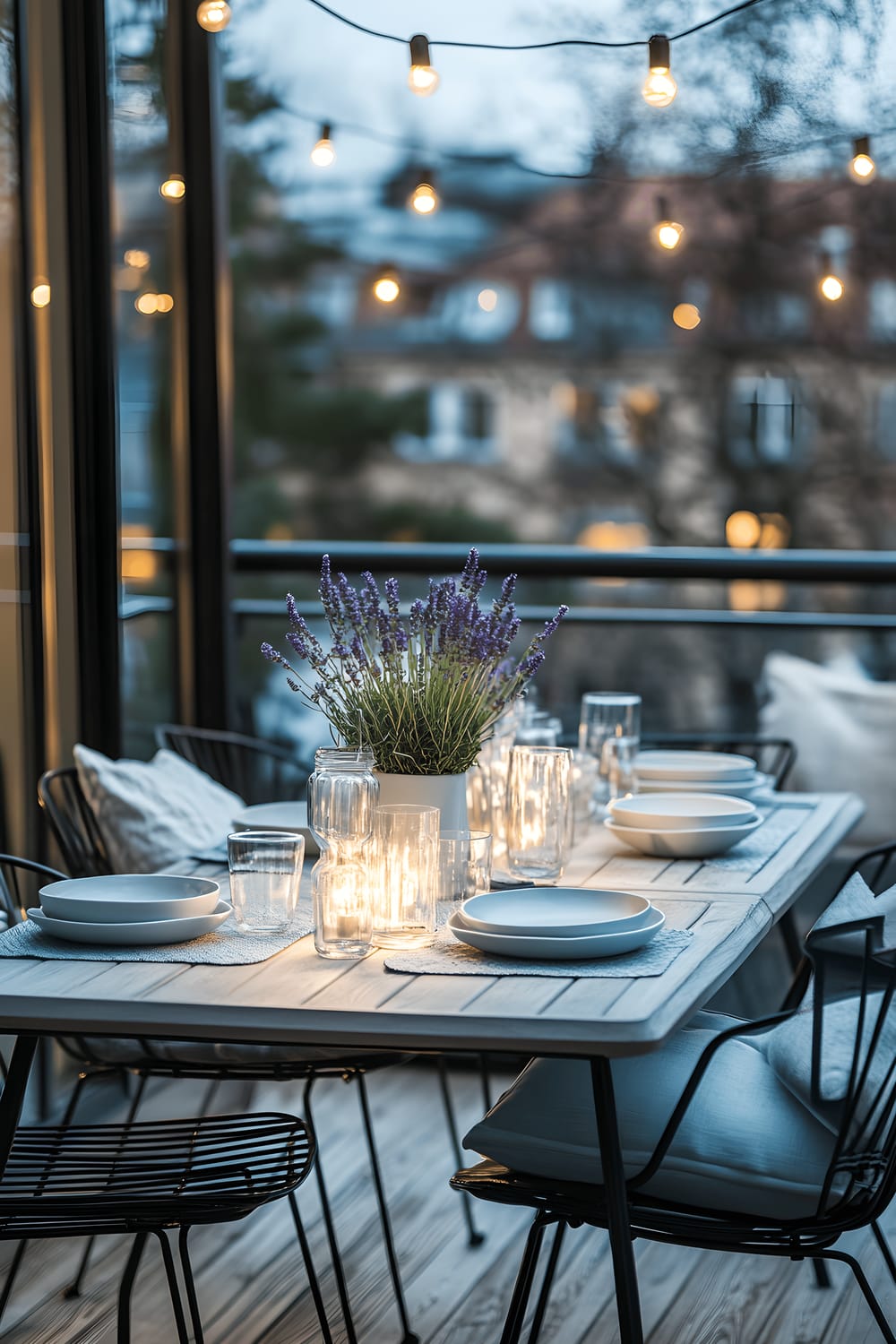 A stylish outdoor dining area on a Copenhagen balcony with a light gray wooden dining table adorned with minimalist white plates and blue glassware. Four black metal chairs with light gray cushions surround the table. A potted lavender plant sits on a white ceramic pot. The area is lit by a modern, matte black chandelier holding warm white bulbs and further adorned by string lights strung above. A soft, woven outdoor rug with muted tones ties the space together.