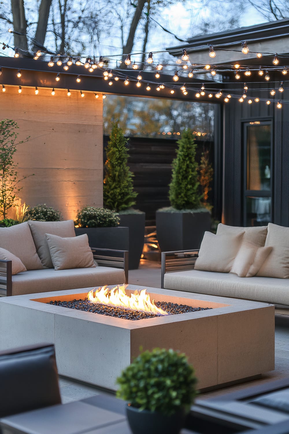 An outdoor seating area features modern furniture with beige cushions, surrounding a rectangular concrete firepit filled with black stones and a visible flame. Above, string lights hang from the pergola, adding a warm glow. Large planters with greenery line the background.