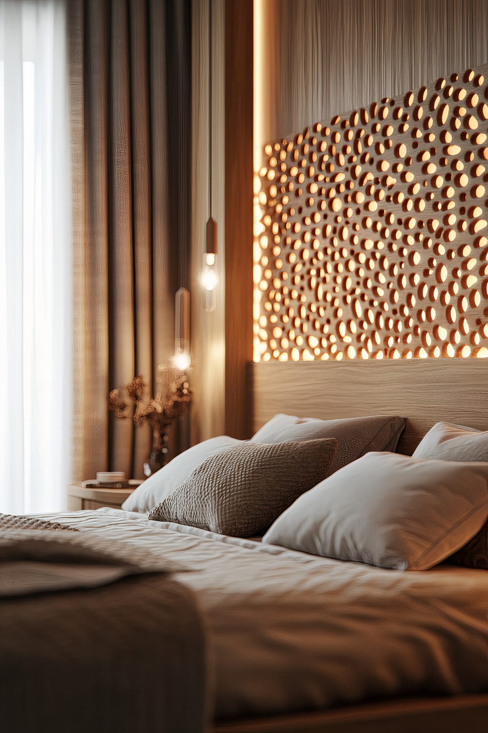 A modern cozy bedroom in neutral tones featuring a large, intricately designed wooden headboard with embedded LED lights. The photo is taken from a low angle to emphasize the detailed headboard. Soft natural morning light filters through sheer curtains. The room is furnished with minimalist bedside tables adorned with elegant decor, including a small vase with dried flowers and a set of stacked books. The bedding includes multiple pillows and a textured throw, adding to the comfortable atmosphere.