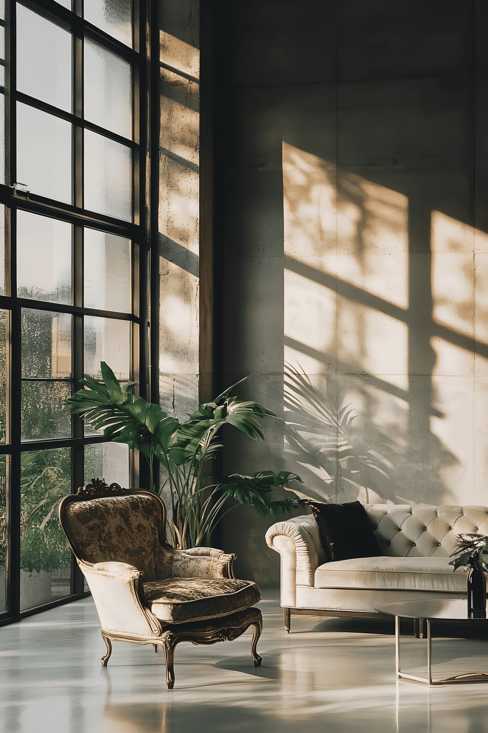 A minimalist loft living area highlighted with high ceilings and large windows. The space features a baroque-style armchair with gold accents positioned against a concrete wall, a minimalistic sofa, a see-through glass coffee table, and a leafy Monstera Deliciosa placed in the corner. Sunlight pours across the room, accentuating the contrast between the minimalistic elements and the opulent armchair.