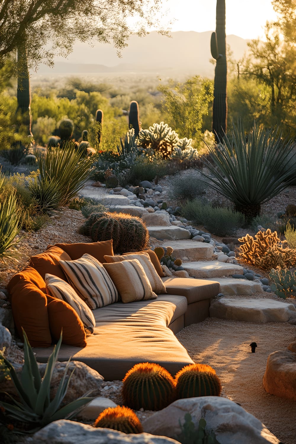 A serene desert-themed garden scene featuring a low seating area with cushions scattered on a combination of large and small river rocks. The rocks vary in color from soft sands to reddish tones. Several cacti and desert plants are artistically arranged in this setting. The golden hour light casts long shadows and bathes everything in warm, rich hues.