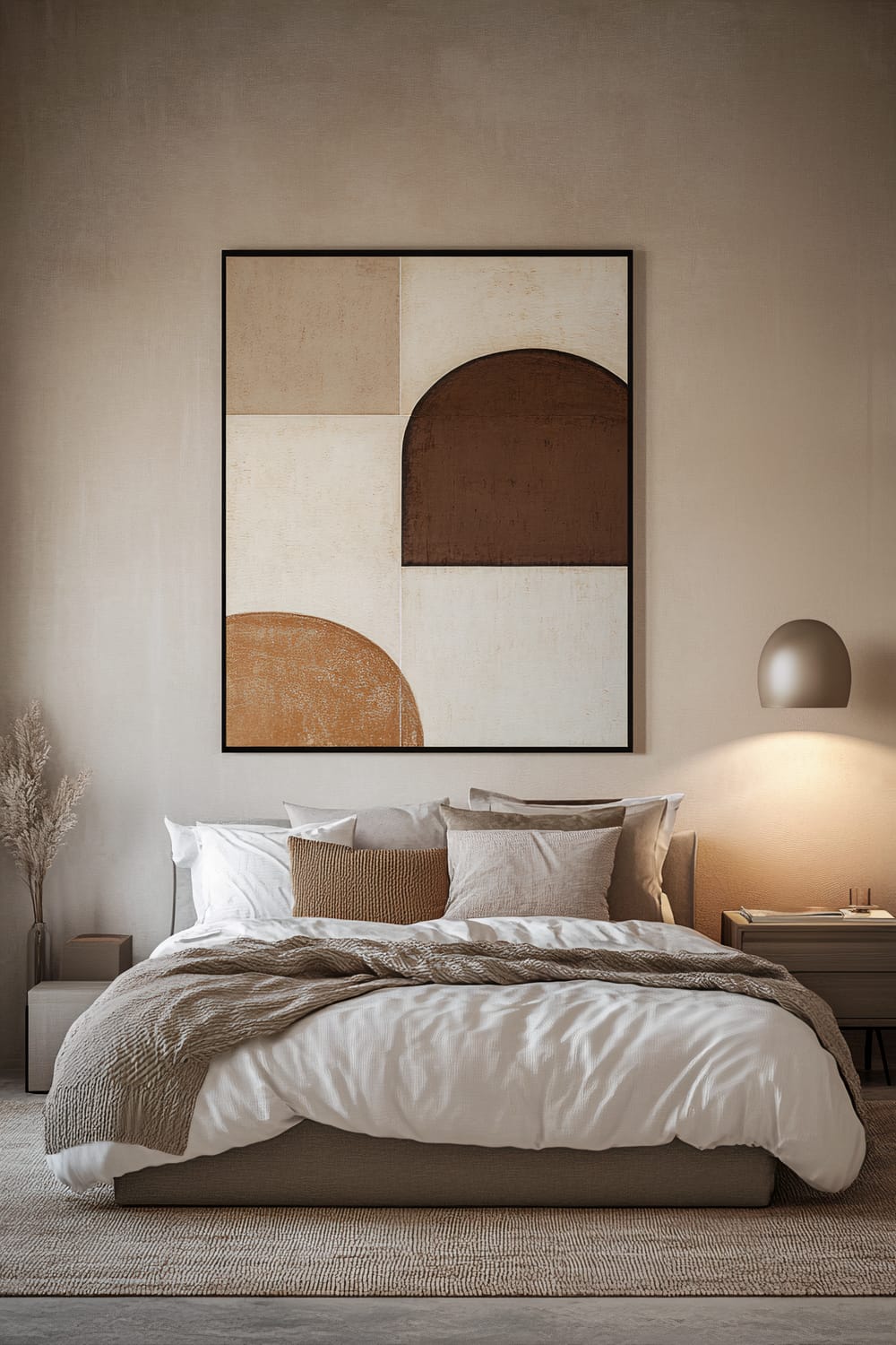 A modern bedroom with a large geometric wall art piece above the bed, featuring a color palette of beige, brown, and cream. The bed is neatly arranged with white bedding and beige and brown accent pillows. A textured beige throw blanket is draped over the foot of the bed. On one side of the bed is a nightstand with a modern lamp emitting soft ambient light, and on the other side is a tall vase with dried pampas grass. The room has a minimalist decor style with neutral tones and a calm, inviting atmosphere.