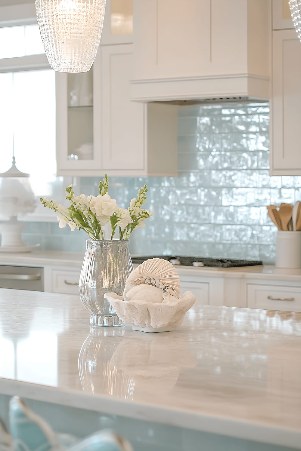 A large and bright coastal-inspired kitchen featuring white cabinetry with light blue accents. An island is at the centre, topped with a white, smooth marble countertop surrounded by bar stools with nautical-themed cushions. Large windows covered by light curtains bring in abundant sunshine and offer stunning ocean views. The kitchen walls are lined with glass subway tile backsplash in soft aqua tones, decorated with seashell ornaments and white ceramic dishes on open shelves. The tranquil ambiance is enhanced by pendant lights with driftwood accents casting a peaceful, coastal glow.