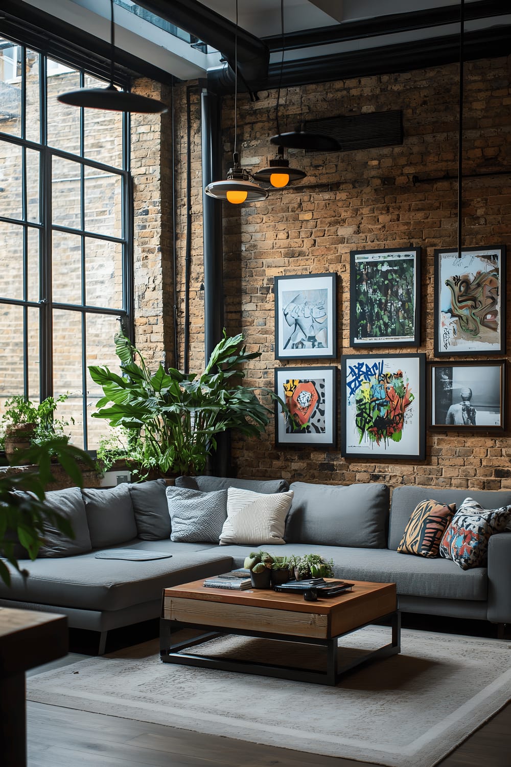 An industrial-style loft in Shoreditch featuring high ceilings with black metal beams, exposed brick walls, and large factory-style windows. A dark gray sectional sofa sits in the foreground, adorned with multiple patterned cushions. Against the brick wall, an urban graffiti-inspired piece of wall art stands out boldly. The room is subtly illuminated by hanging industrial pendant lights that cast dramatic shadows. A reclaimed wooden coffee table with magazines and potted fiddle leaf figs is situated in front the sofa, softening the overall industrial appearance with a touch of nature.