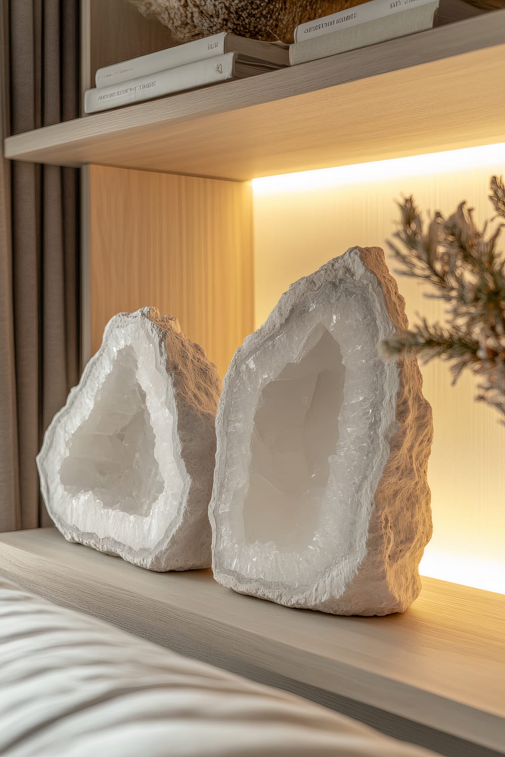 A pair of white geode bookends on floating wooden shelves with ambient lighting. Additionally, books are arranged on the upper shelf, and a decorated branch is visible on the right.