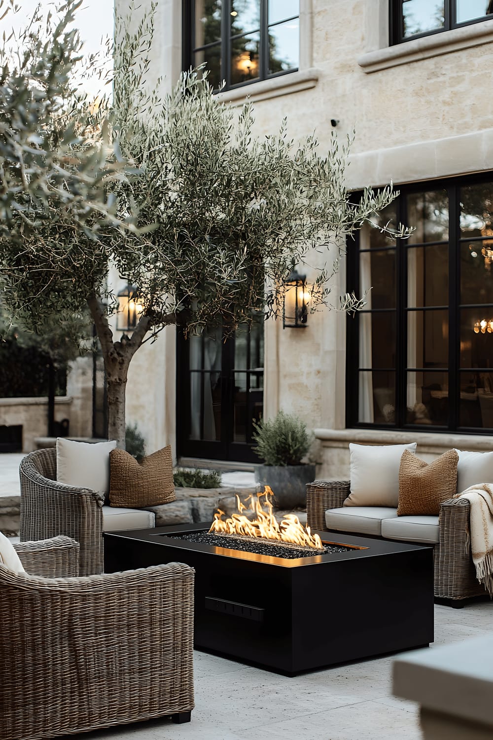 A well-appointed backyard patio with a black fire table at the center surrounded by cushioned rattan chairs draped with warm-hued woven throws. On the patio's fringes are potted olive trees that provide a Mediterranean-inspired ambiance.