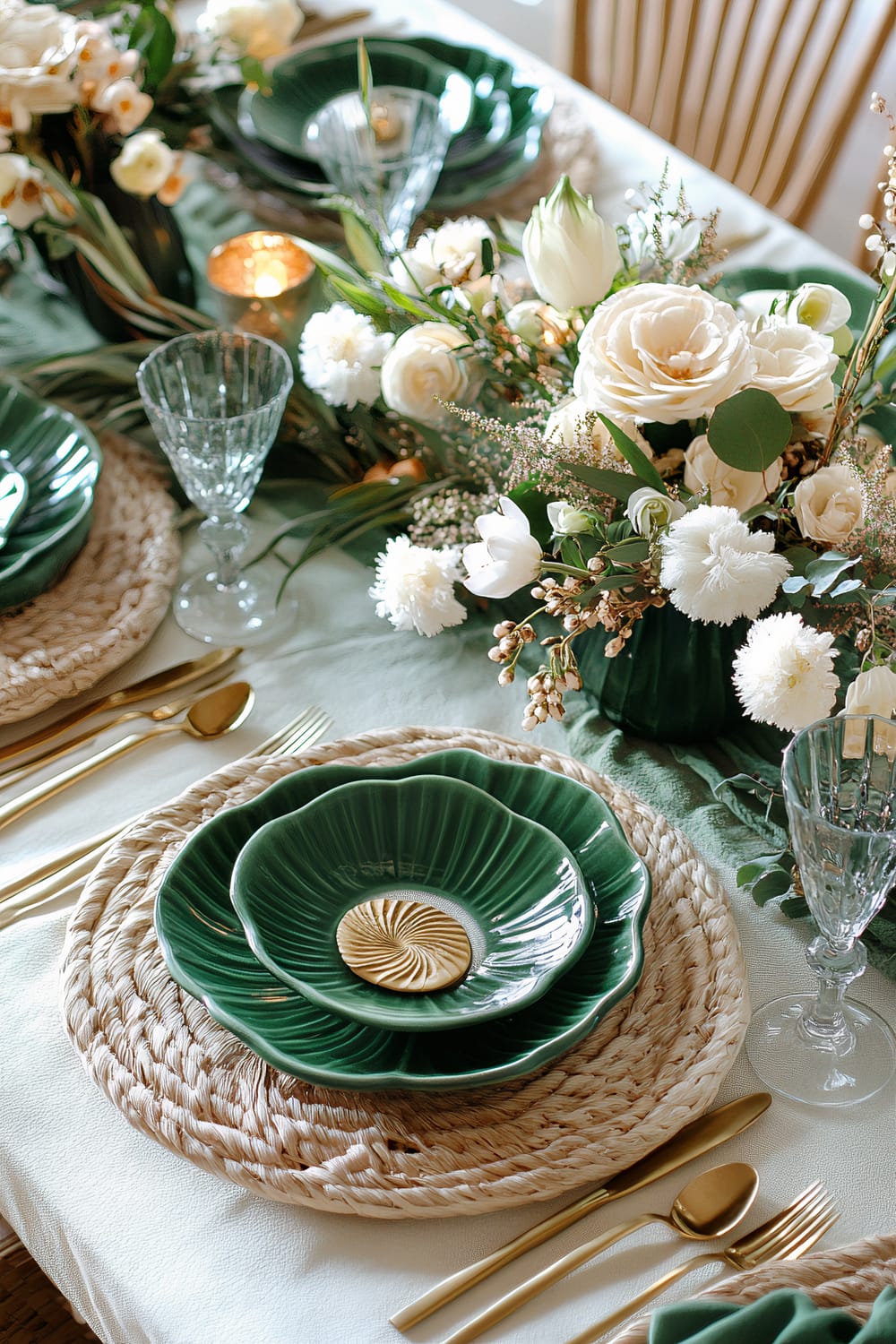 An elegantly set dining table features jade green ceramic plates, gold cutlery, woven placemats, and crystal glasses. Floral arrangements of white and ivory flowers with green foliage add a sophisticated touch.