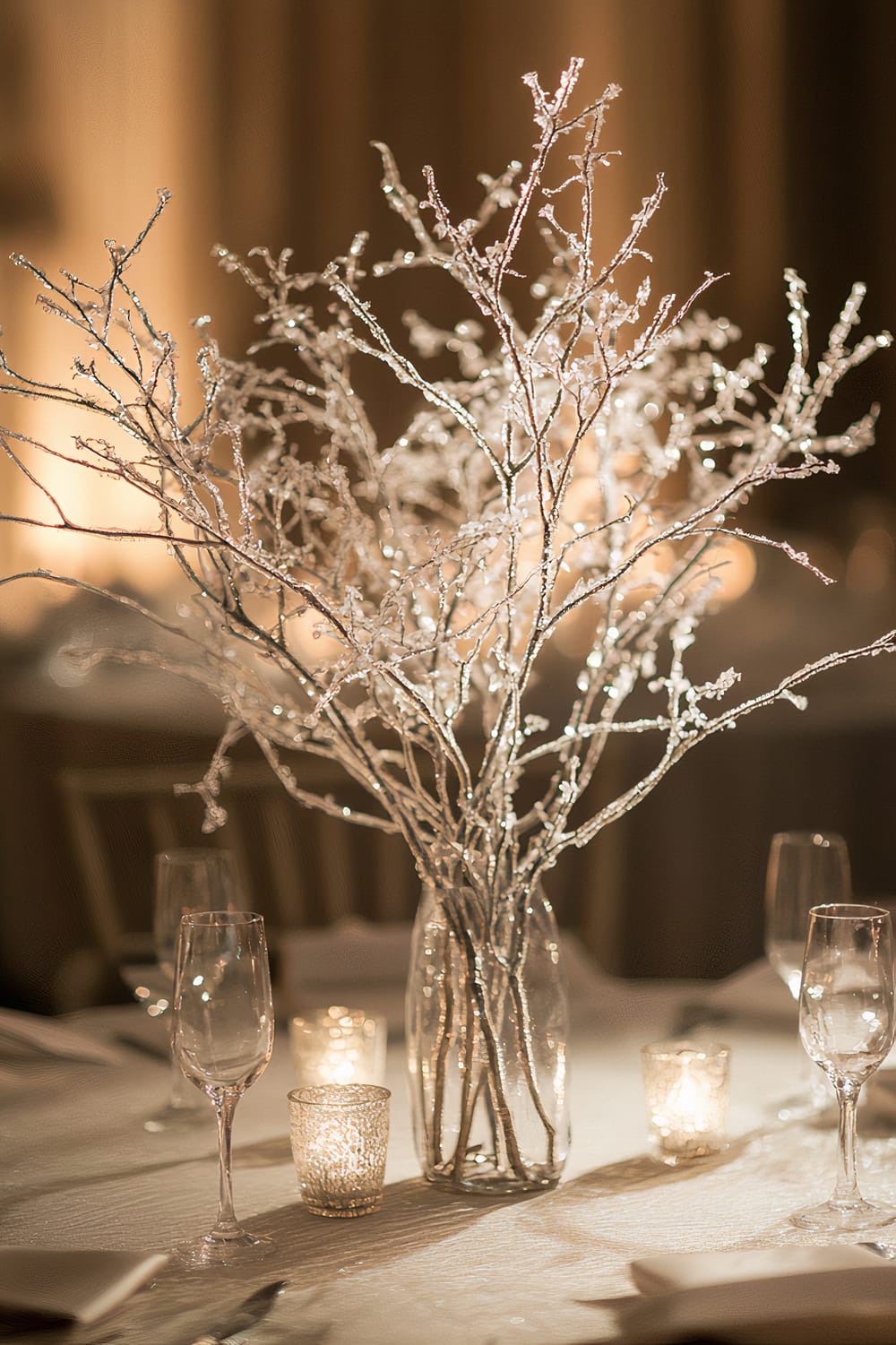 A tabletop arrangement featuring frosted branches in a clear vase, surrounded by glass votive candle holders and empty wine glasses. The scene is illuminated by a gentle spotlight, creating deep shadows and highlights, with a neutral, textured background.