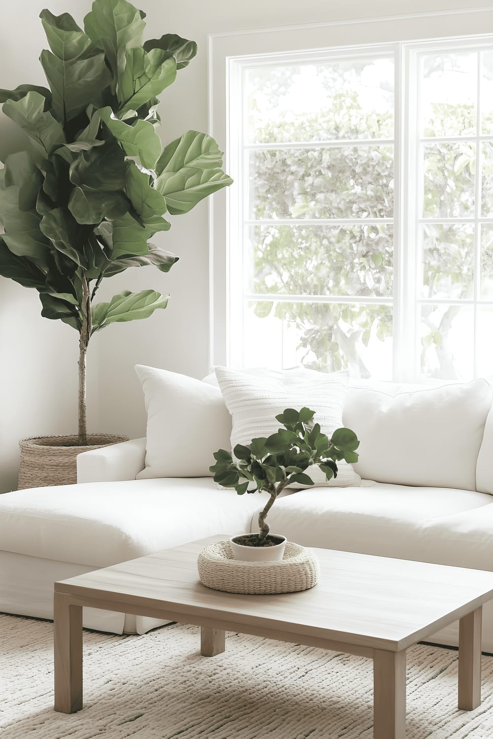 A small living room exuding a Scandinavian charm marked by a white sectional sofa situated adjacent to the large floor-to-ceiling windows. The center of the room features a light oak coffee table on top of a simple woven rug. A tall potted fiddle leaf fig plant adds a touch of nature while minimalist wall decor completes the space. The room is washed in a soft pastel color palette, and the abundance of natural light boosts the airy ambiance.