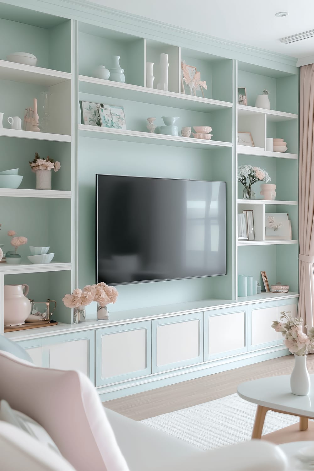 A serene TV wall painted in soft pastel hues like blush pink, mint green, and light lavender. The wall features white-light wooden shelving filled with decorative items such as pastel-colored ceramics and subtle floral arrangements. The room is illuminated by gentle, diffused lighting from pastel-coloured lamps and hidden fixtures, enveloping the space with a dreamy ambiance.