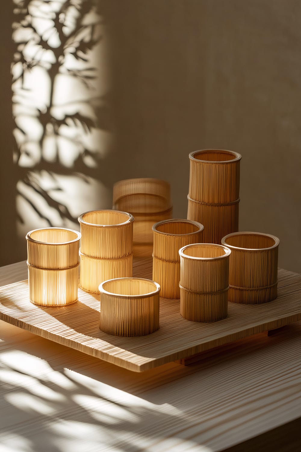 A set of bamboo candle holders in various sizes arranged on a light wooden surface. The candle holders are in neutral shades, and the focused lighting creates interesting shadows on the surface and the background, highlighting the natural texture of the bamboo material.