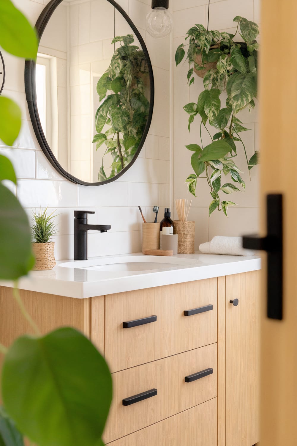 A modern bathroom featuring a wooden vanity with black handles, topped with a white countertop and sink. A round mirror with a black frame hangs on a white-tiled wall. The countertop has a small woven basket with a green plant, toothbrush holder, soap dispenser, and reed diffuser. Above the sink, hanging in a corner, is a pot of trailing green plants.