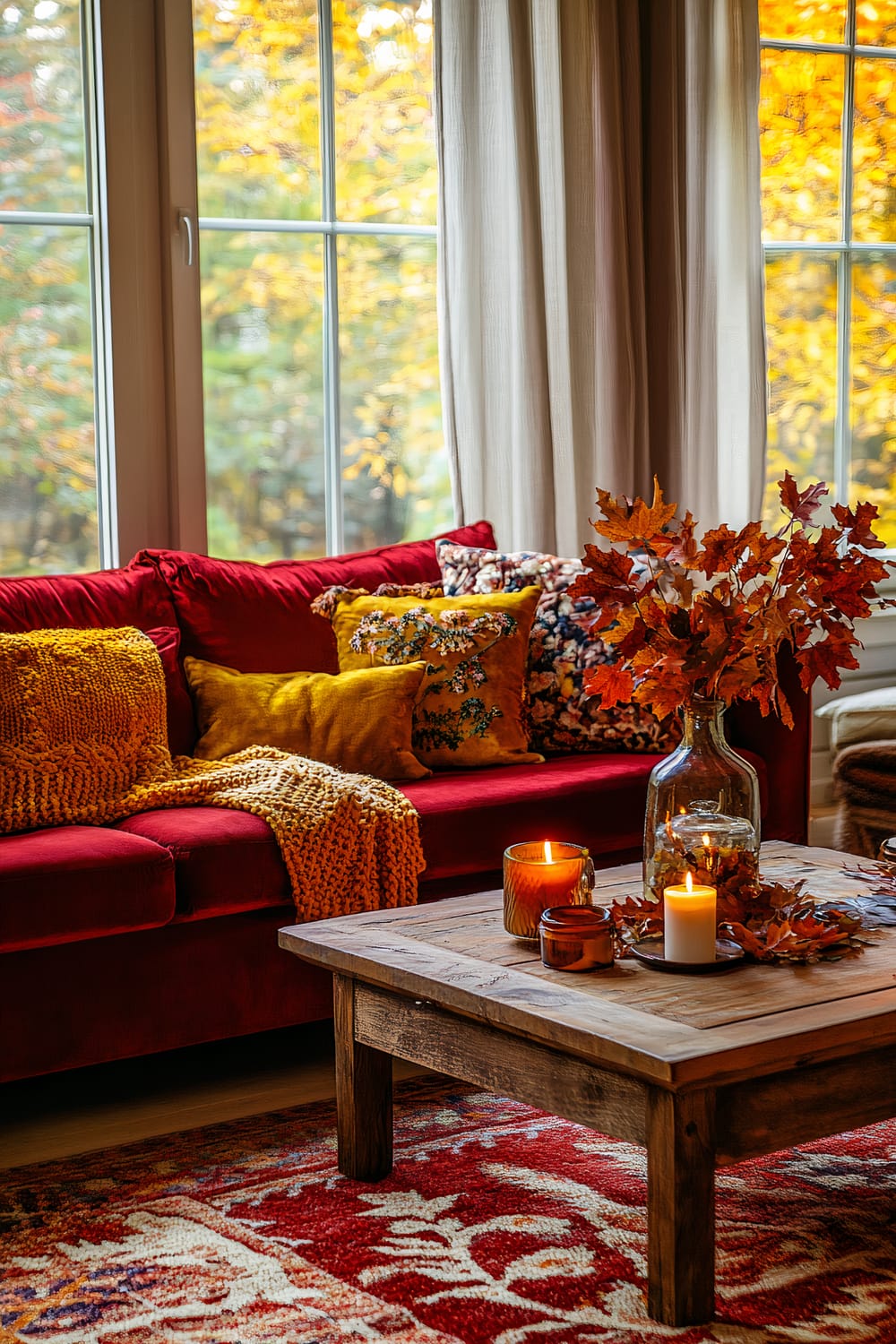 A cozy living room adorned in autumnal hues. A vibrant red sofa, adorned with mustard yellow and floral-patterned pillows, sits against a backdrop of large windows with beige curtains, revealing an autumn landscape outside. A rustic wooden coffee table is decorated with a large glass vase of autumn leaves and various lit candles, creating a warm and inviting ambiance. A textured mustard yellow throw is draped over the sofa, enhancing the cozy atmosphere. The rug beneath the coffee table features a rich red and white pattern, complementing the seasonal decor.