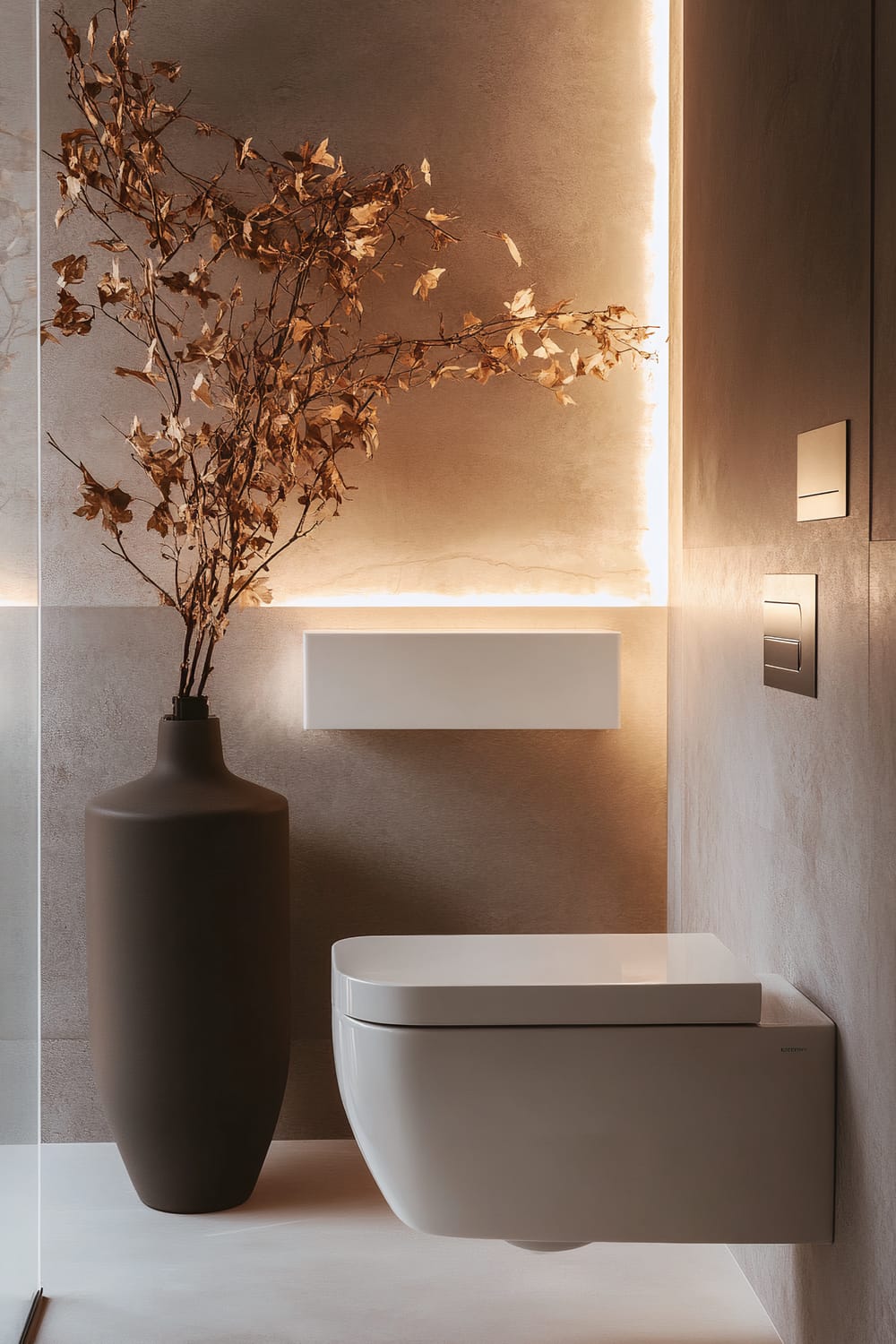 Modern bathroom with warm ambient lighting and a floating toilet. The walls are textured with subtle earthy tones, complemented by a sleek, dark vase holding dried branches. A minimalist white shelf is also visible against the backlit wall.