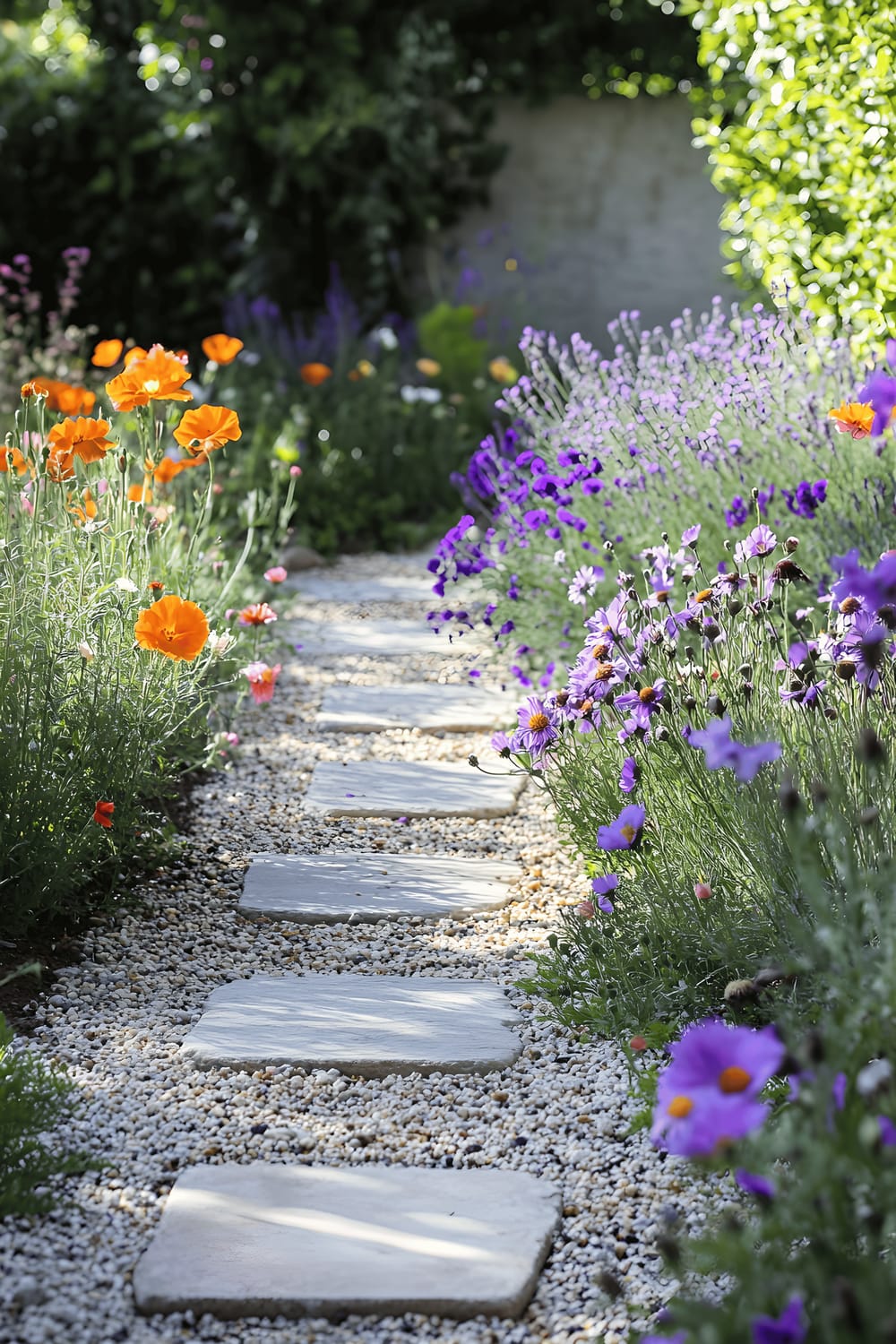 A serene garden path made of smooth gravel and irregular stepping stones, surrounded by a lush variety of wild-growing flowers like cosmos, poppies, and lavender. The path creates an inviting walkway through the vibrant, yet budget-friendly backyard oasis.