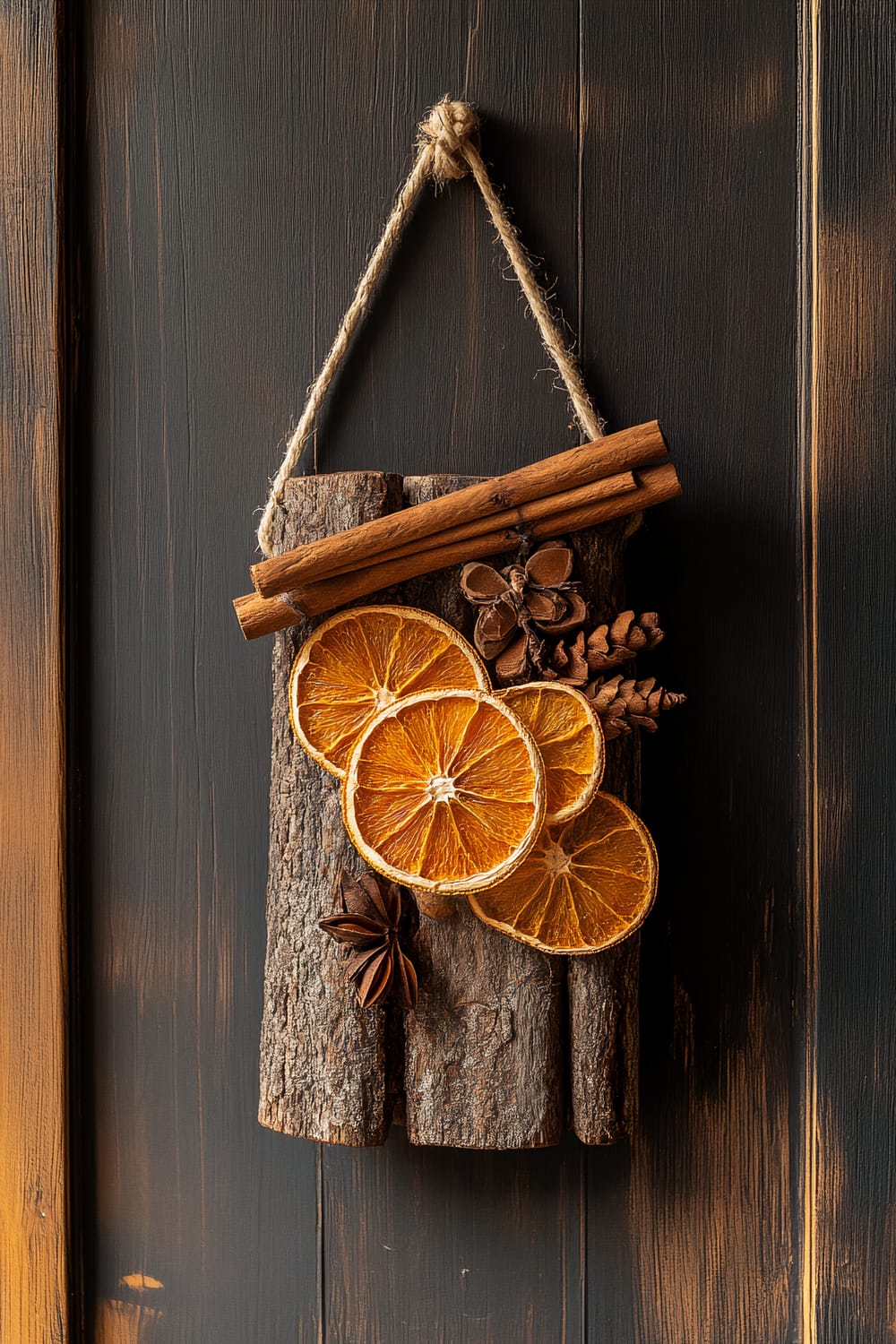 A rustic hanging decoration made from a piece of bark and adorned with dried orange slices, cinnamon sticks, star anise, pine cones, and tied with a natural twine rope, is displayed against a dark, reclaimed wood background.