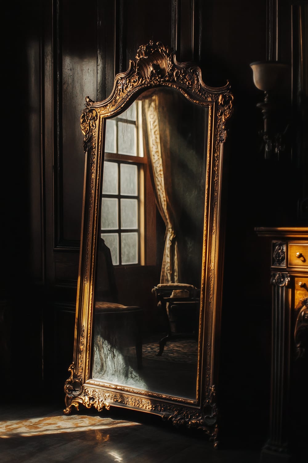 A close-up image of an ornate, gilded mirror reflecting subtle ghostly apparitions. The mirror is placed against a richly textured dark wood wall. Dramatic side lighting creates long shadows, adding to the eerie atmosphere. In the background, elegant antique furniture and a curtained window are visible. The overall setting exudes a posh and eerie Halloween ambiance.