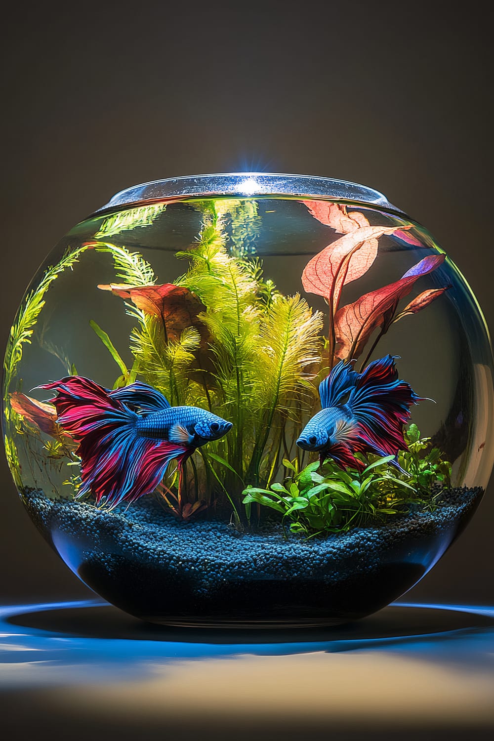 A small fishbowl containing two Betta fish with bright blue, red, and purple colors is adorned with lush greenery and plants. The fishbowl is illuminated by a light source from above, highlighting the vibrant colors and creating a serene ambiance.